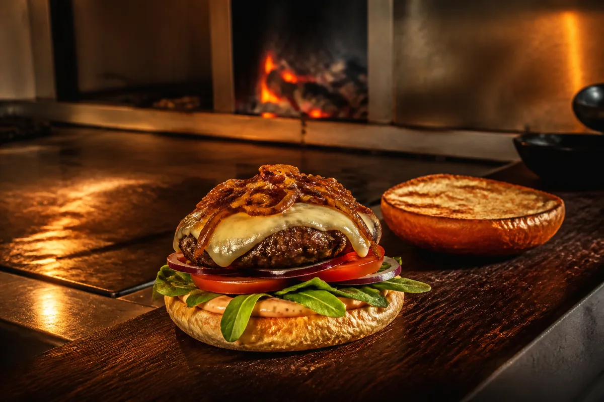 Burger maison en cours de montage, couches visibles du pain à la garniture