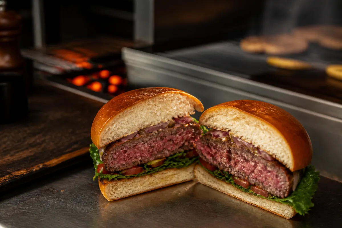 Burger monté et coupé en deux, montrant l&rsquo;équilibre entre pain, steak et garniture