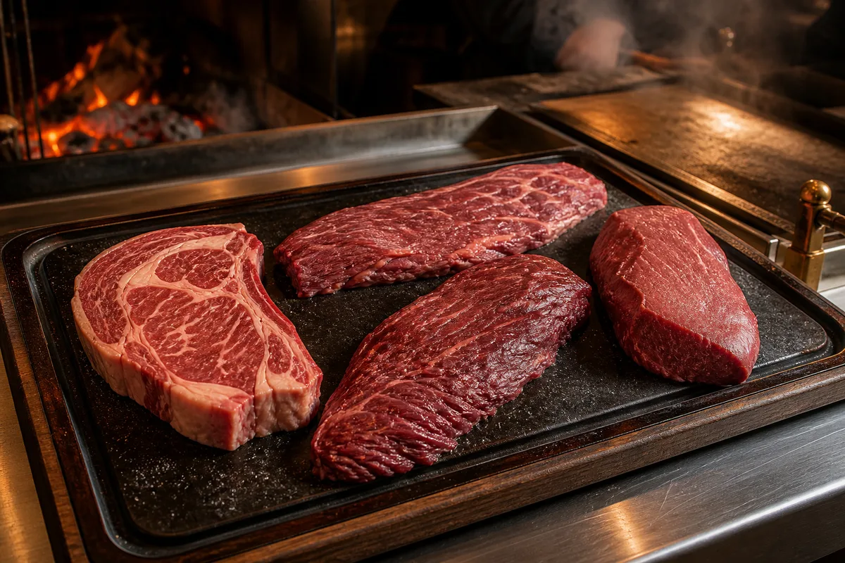 Étal de boucher présentant entrecôte, bavette, onglet et rumsteck sur un plateau