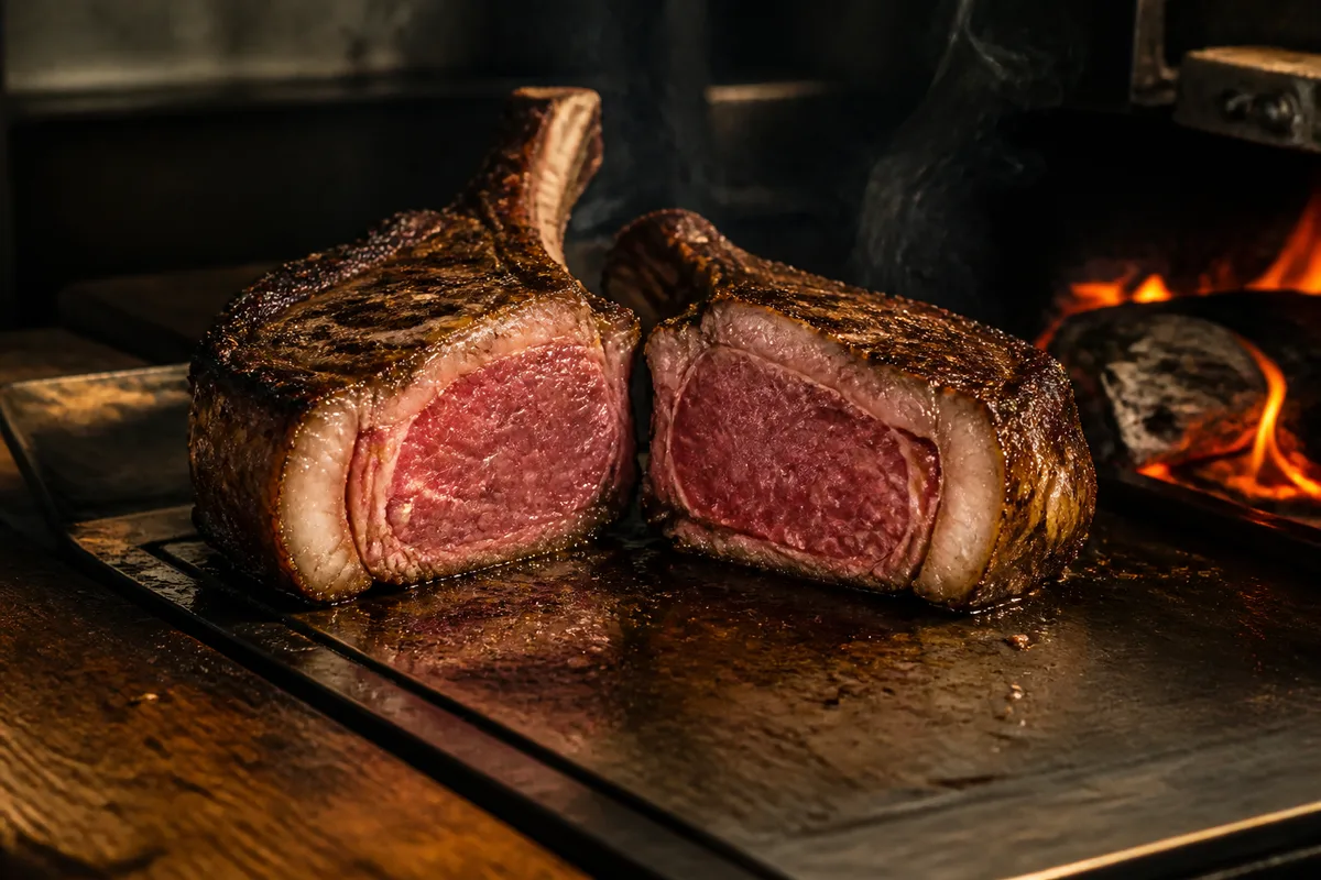 Côte de boeuf épaisse coupée en deux, montrant le persillé et la couleur de la chair