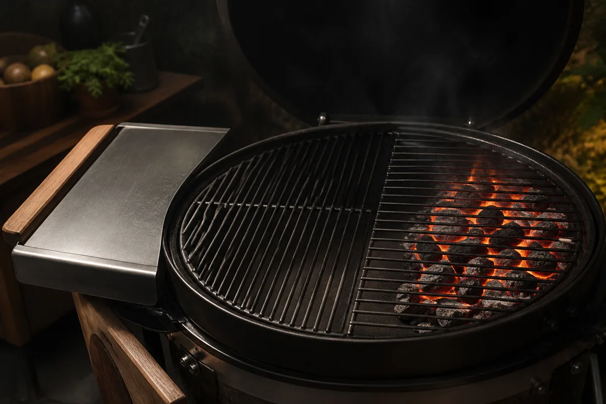 Grill à charbon organisé en deux zones de chaleur, braises rassemblées d’un côté de la cuve