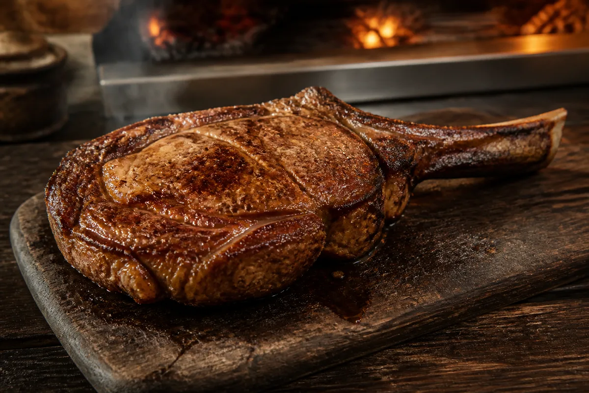Côte de boeuf grillée au repos sur une planche en bois, croûte brune et fibres détendues
