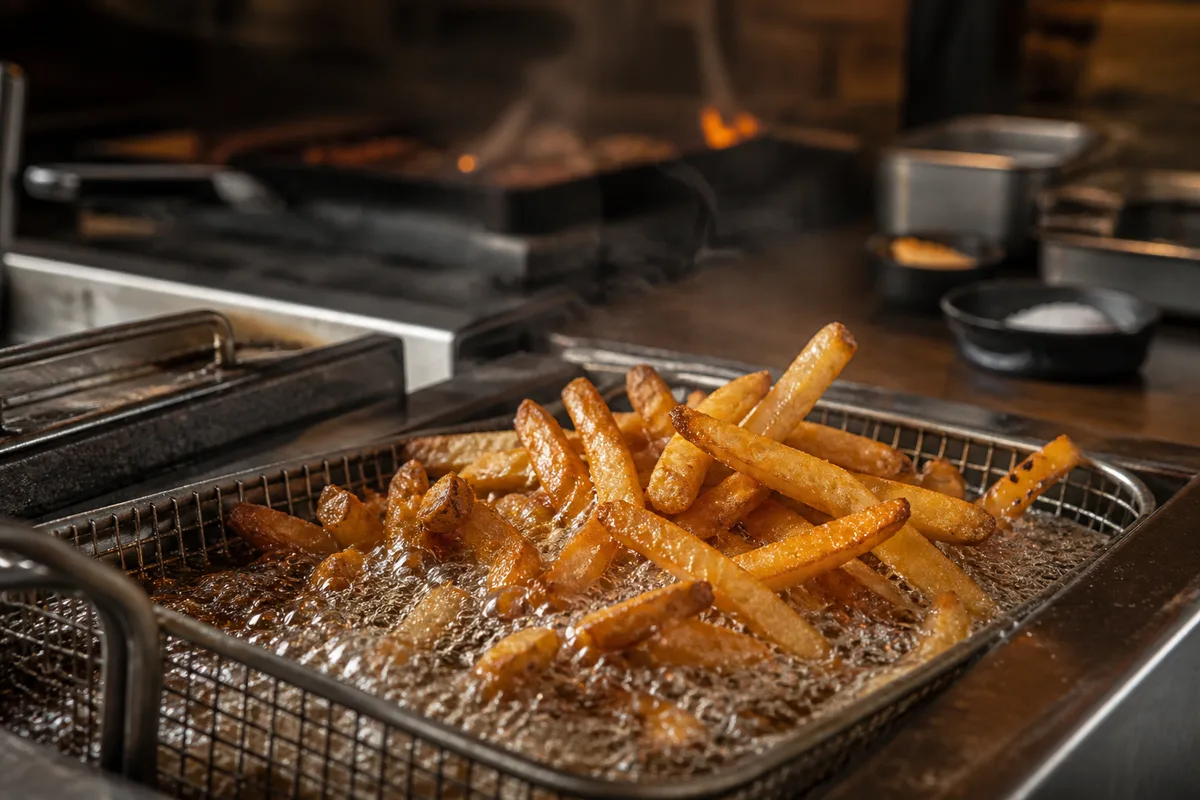 Bâtonnets de pommes de terre dorés remontant à la surface d’un bain de friture
