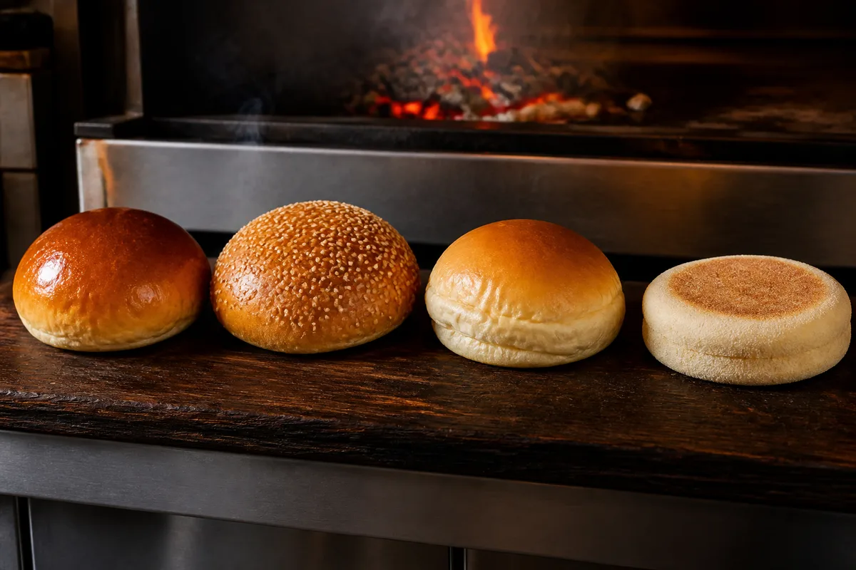 Quatre pains à burger alignés, brioché doré, pain au sésame, pain moelleux et muffin anglais