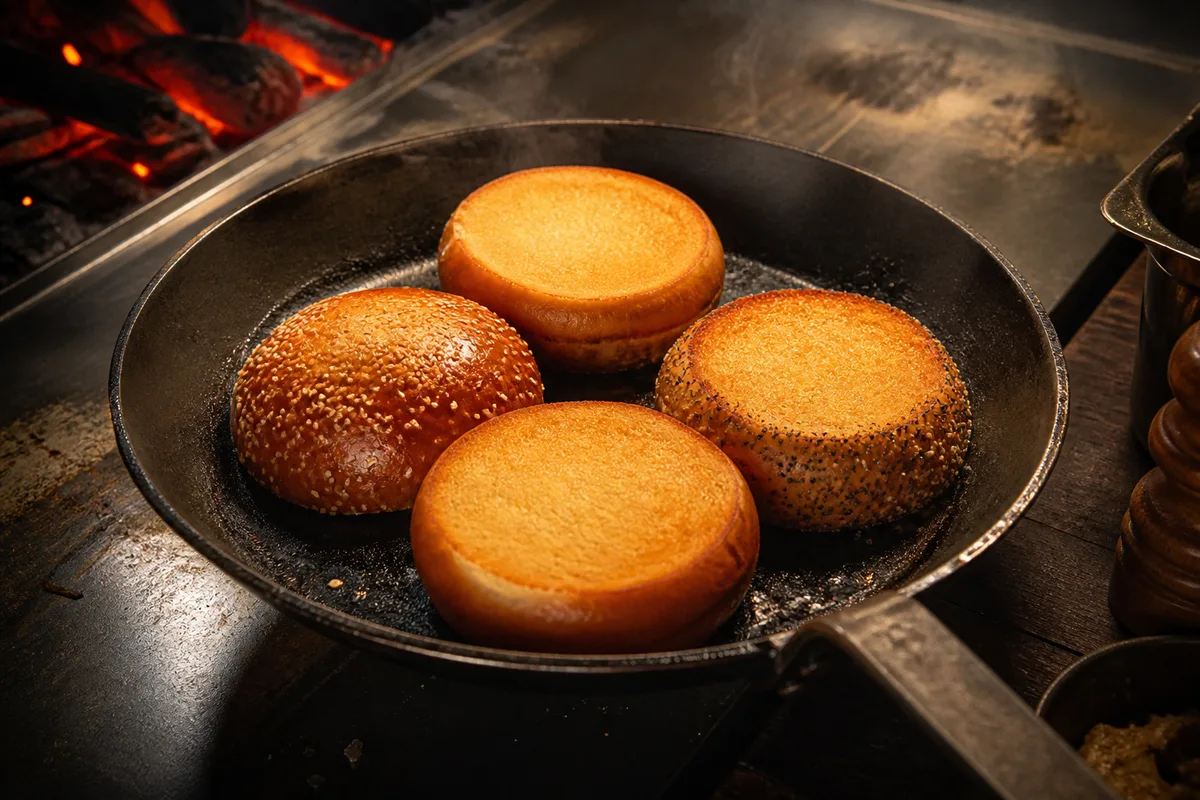 Pains à burger toastés côté mie dans une poêle, surface dorée et régulière