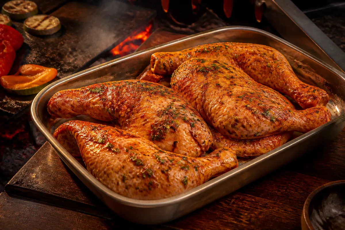 Cuisses de poulet dans un plat, nappées d’une marinade aux herbes et au paprika