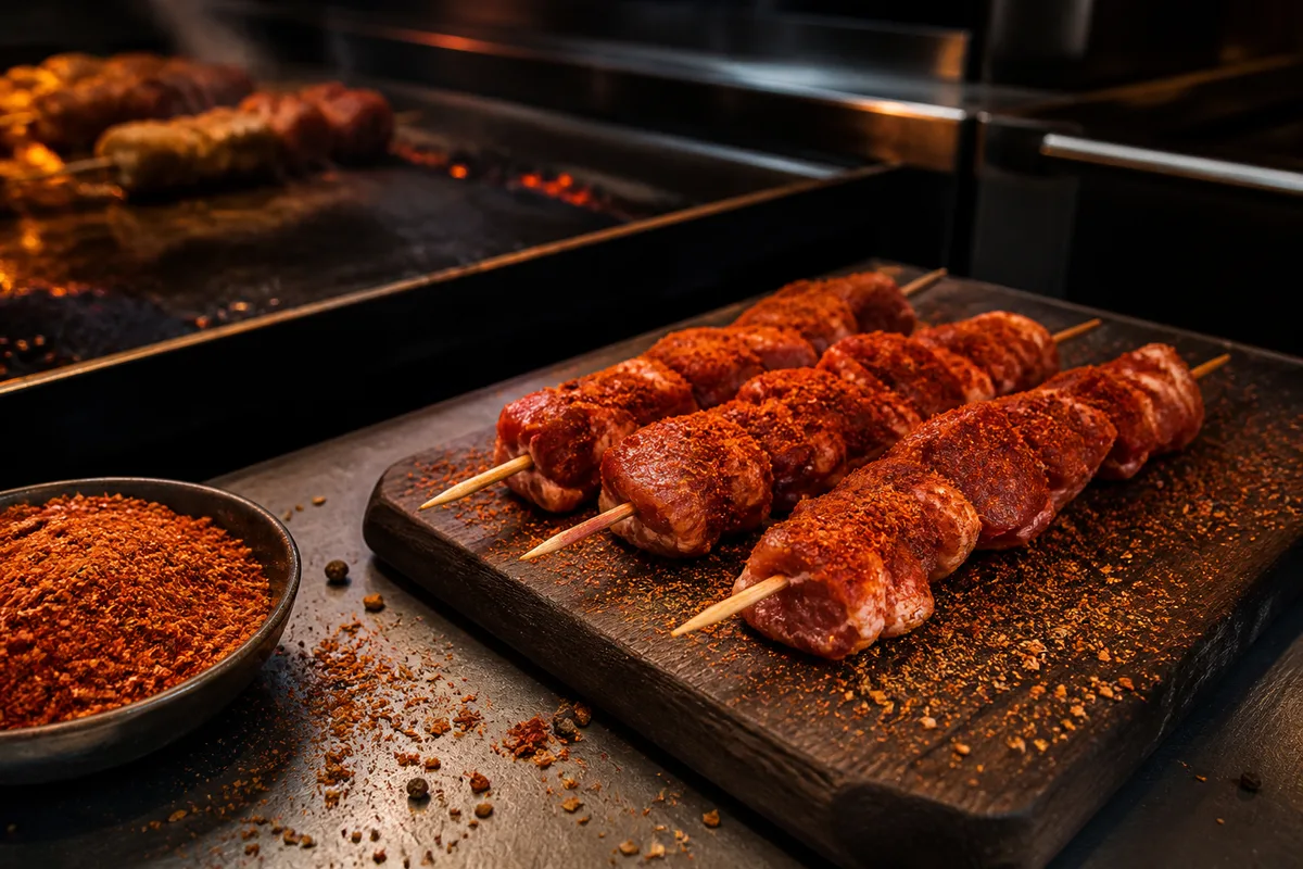 Mélange d’épices sèches et brochettes de porc frottées au paprika sur une planche