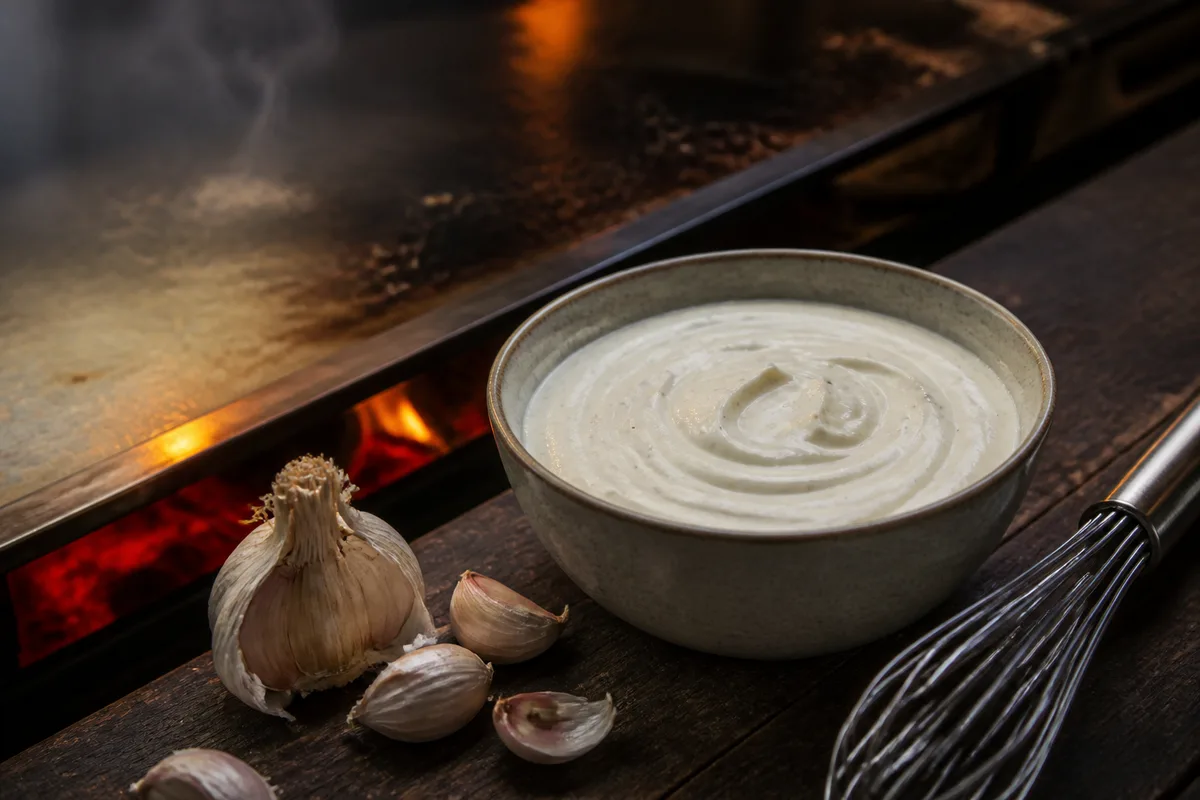 Sauce blanche émulsionnée dans un bol, fouet et gousses d’ail à côté