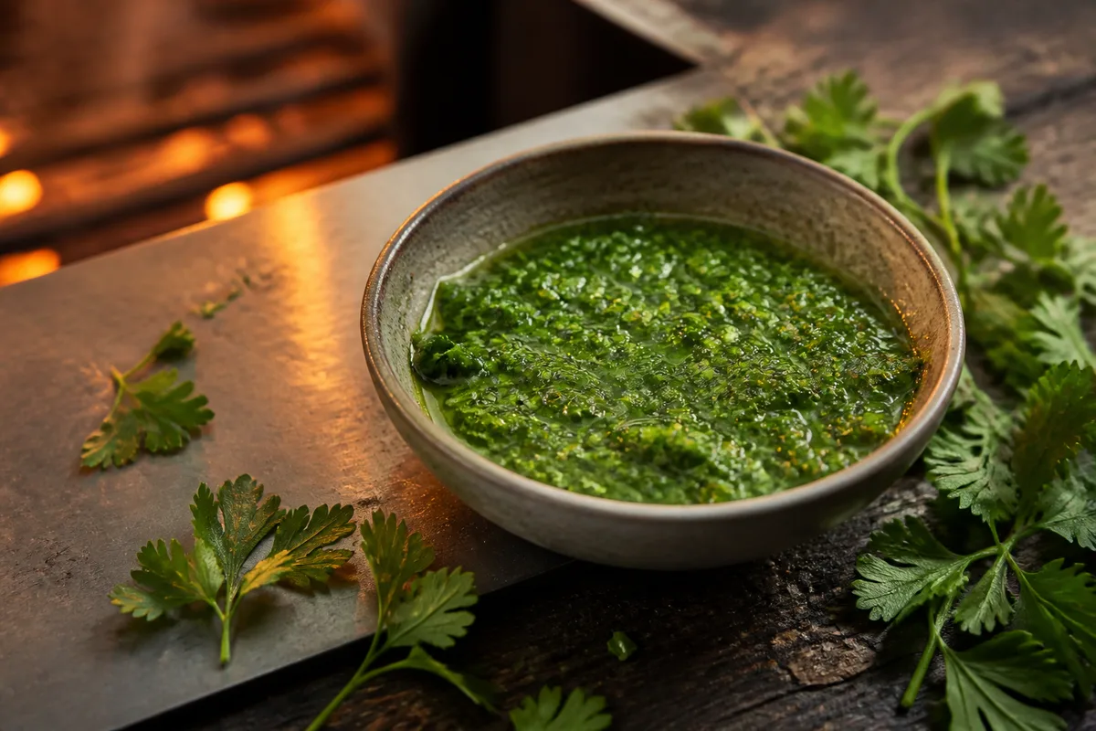 Sauce verte aux herbes hachées dans un bol, persil et coriandre autour