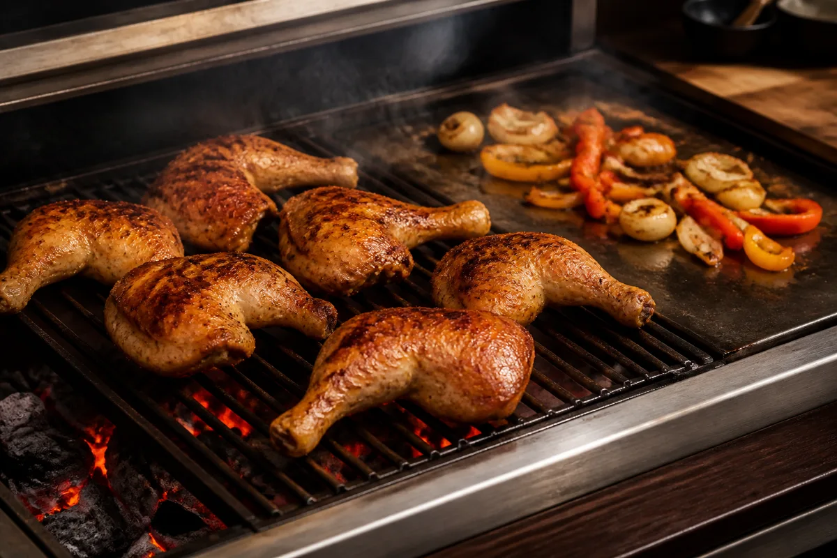 Cuisses de poulet grillées à la peau dorée, disposées en zone indirecte du barbecue